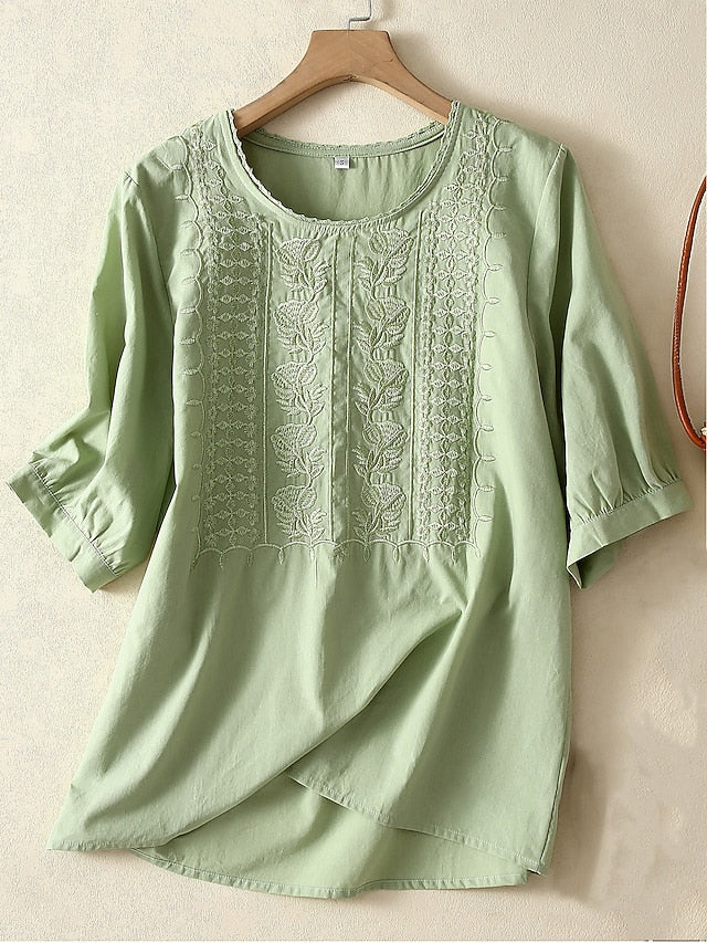 Women's Shirt Embroidered Solid Color Floral Casual Boho