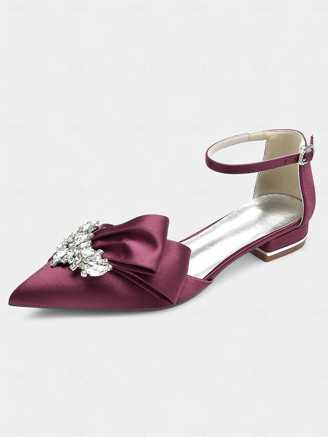 Rhinestone Satin Pointed-Toe Ankle White and Heels with Bow