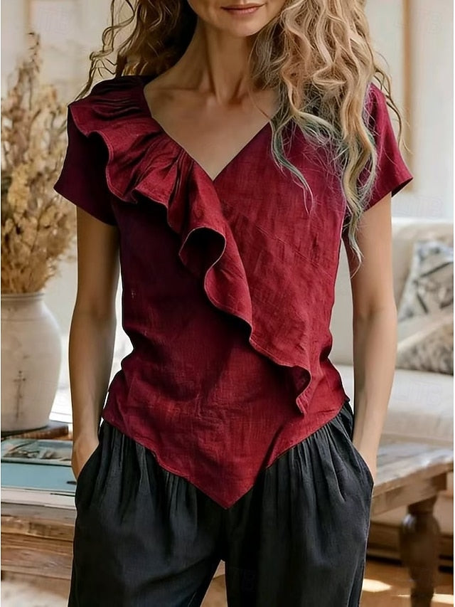 Women's Summer Shirt Casual Shirt Blouse Ruffle Solid Color