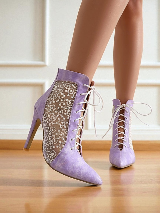 Heels Women's Stiletto Booties Mesh with White Lace Ankle