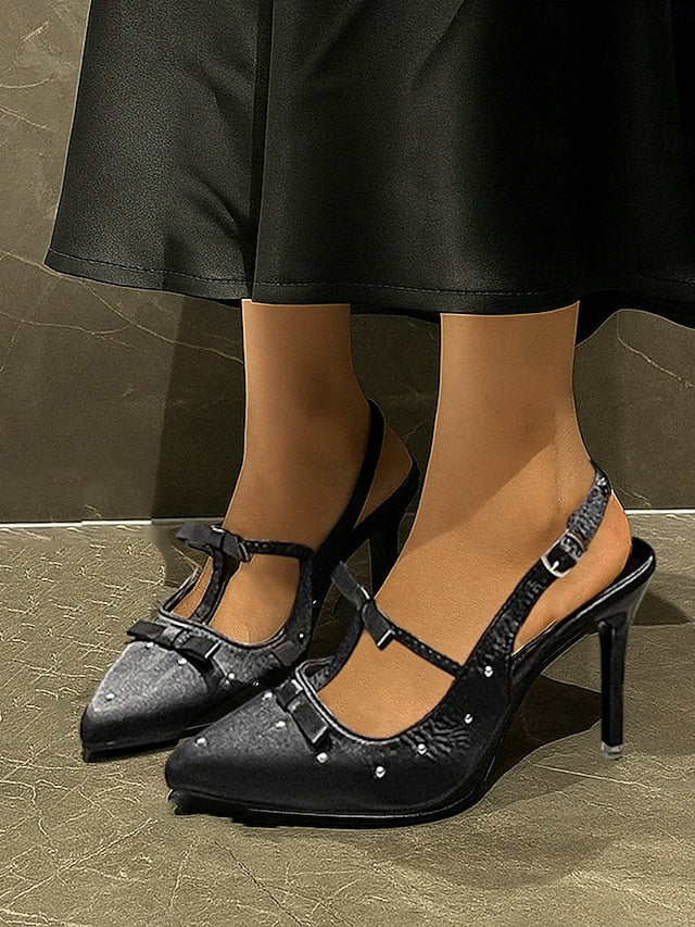 with – Satin Studs Purple Women's Heels Bows and T-Strap