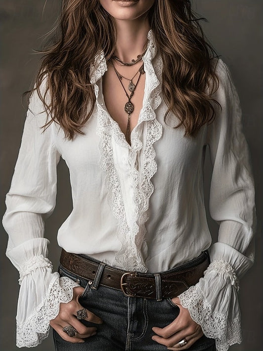 Women's Boho Shirt Lace Shirt Casual Shirt Blouse Lace Trim