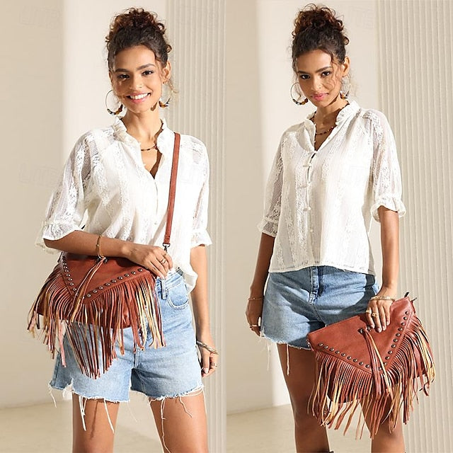 Sac bandoulière bohème en cuir à franges pour femme