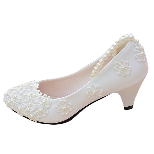 White Decorated Lace Pearl Floral Heels – Women's Wedding