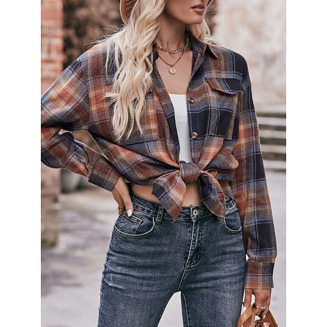 Women's Shirt Pocket Buttons Print Plaid Vintage Tropical