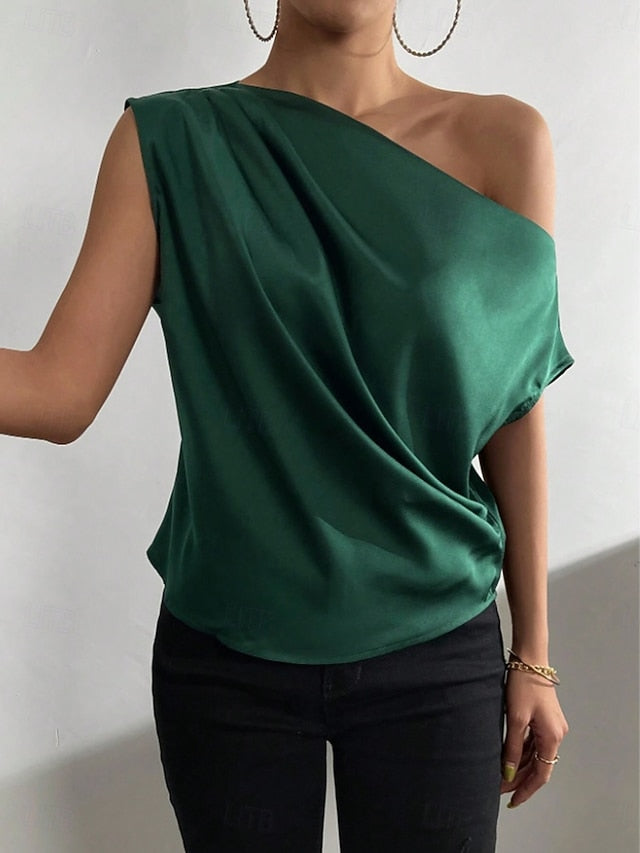 Women's Satin Tank T Shirt Tee Top Asymmetrical Plain