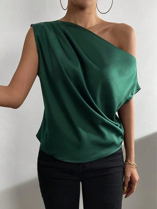 Women's Satin Tank T Shirt Tee Top Asymmetrical Plain