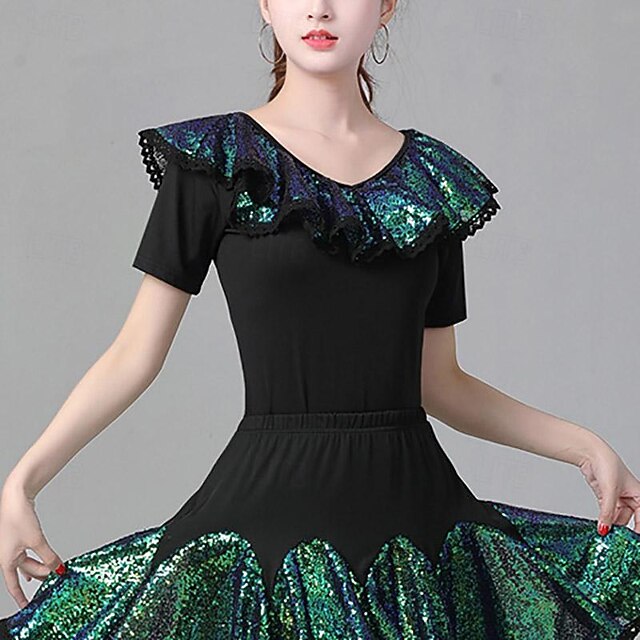 Latin Dance Ballroom Dance Top Ruffles Pure Color Splicing