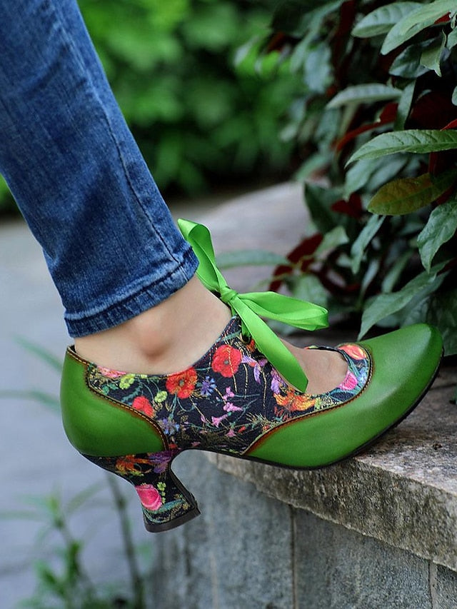 Floral Women's Green Jane Leather with Mary Print Heels