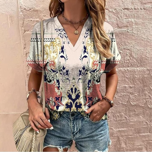 T shirt Tee Women's Black+white+grey Yellow Red Geometic