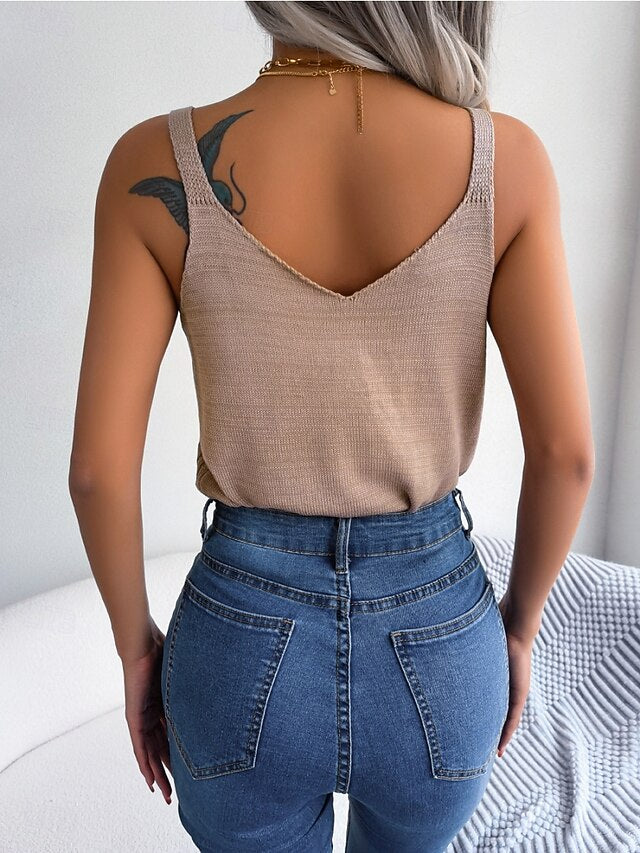 Women's Ribbed Knit Tops Tank Top Tee Top Metal buckle