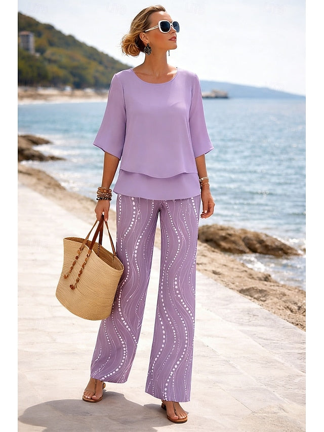 Women's Pants Sets Half Sleeve Butterfly Sleeve Round Neck
