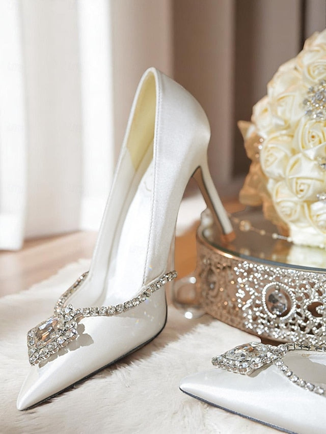 Toe White Crystal Wedding Heels Women's Satin Pointed with