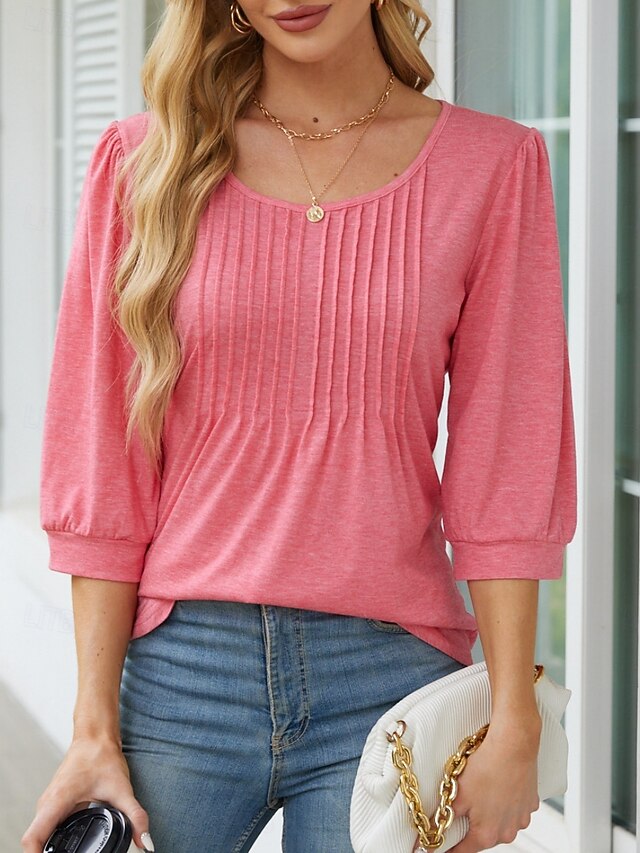 Women's Shirt Blouse Ruched Solid Color Basic Casual 3/4