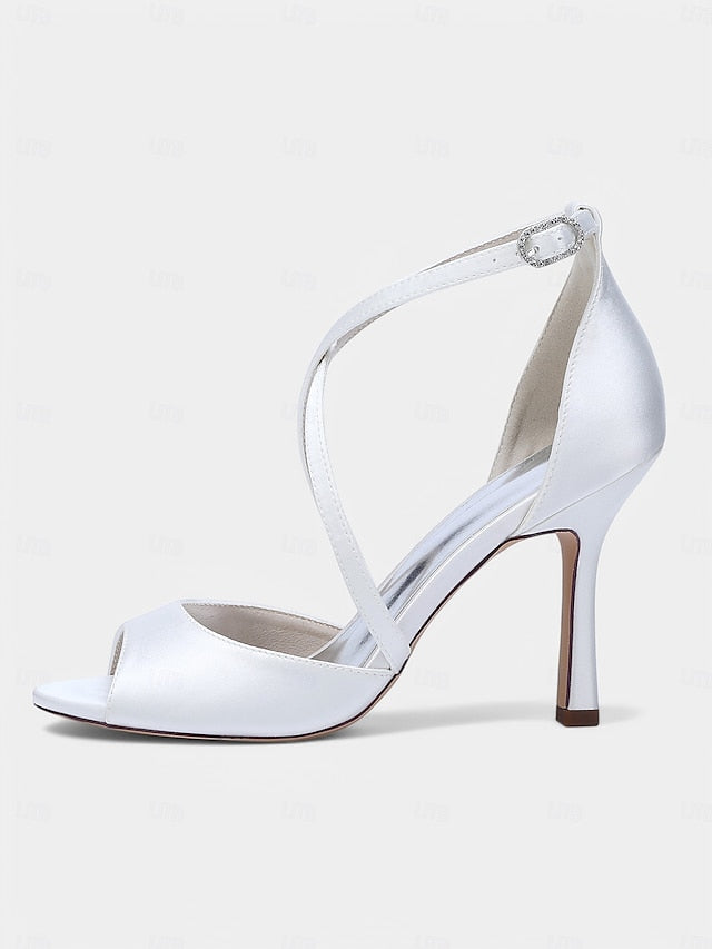 – Satin Peep-Toe Women's Elegant Cross-Strap White Heels