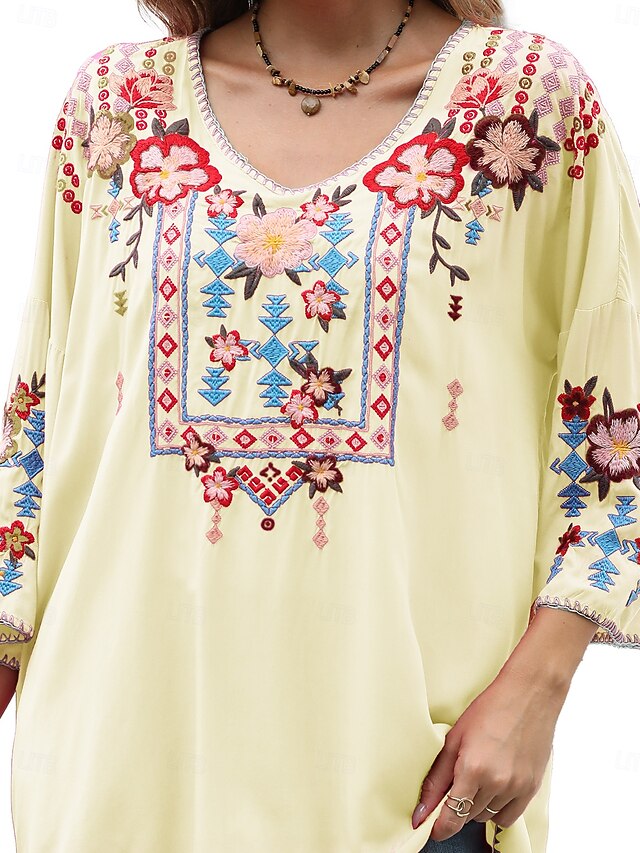 Women's Boho Shirt Embroidered Solid Color Floral Bohemia
