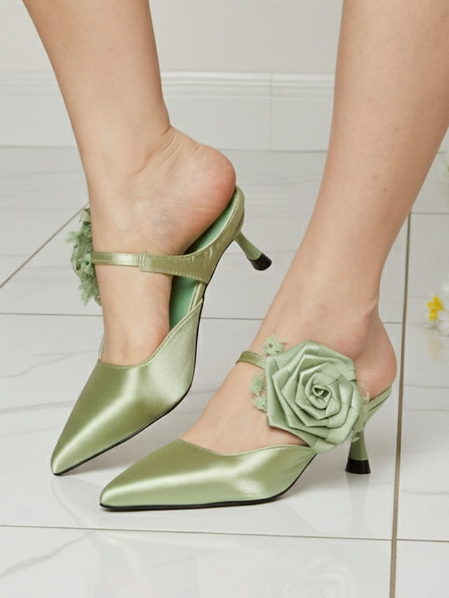 with Satin Toe Green Heels Women's Pointed Floral Ankle