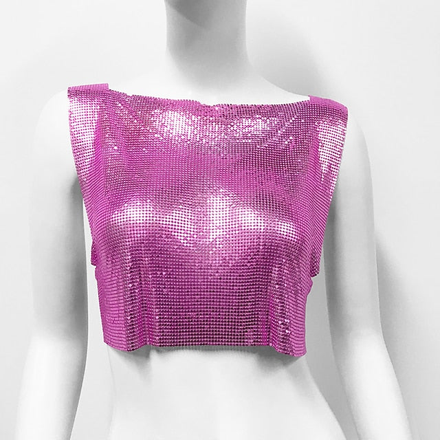 Metallic Sparkle Sexy Crop Tank Top Disco Solid Color Fancy