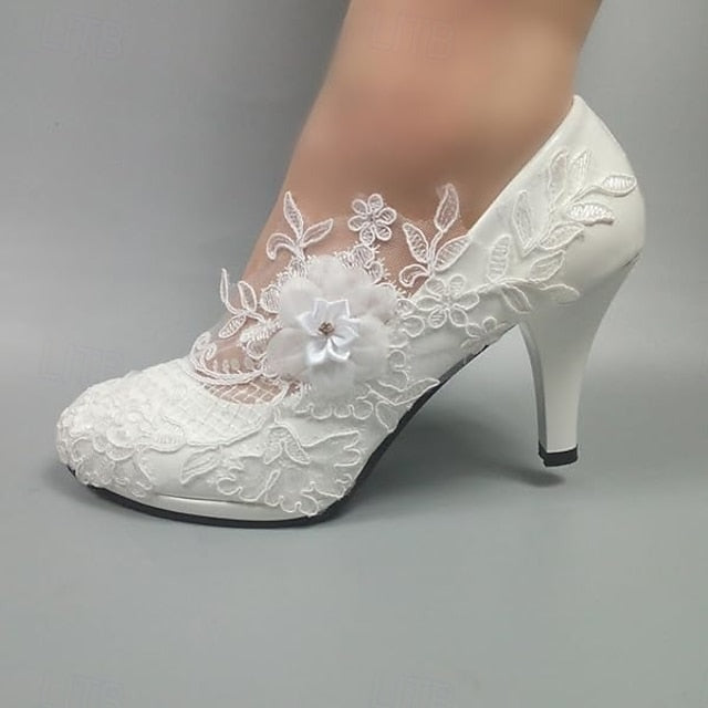 Floral Bridal Elegant Lace White Heels Women's – Wedding