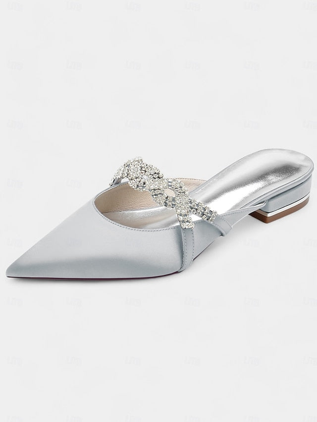 with - Detailing Mule Blue Rhinestone Pointed-Toe Satin Heels