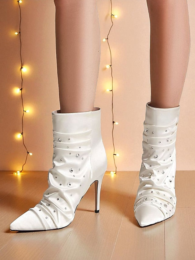 Rhinestone Satin Boots Ankle Women's White with