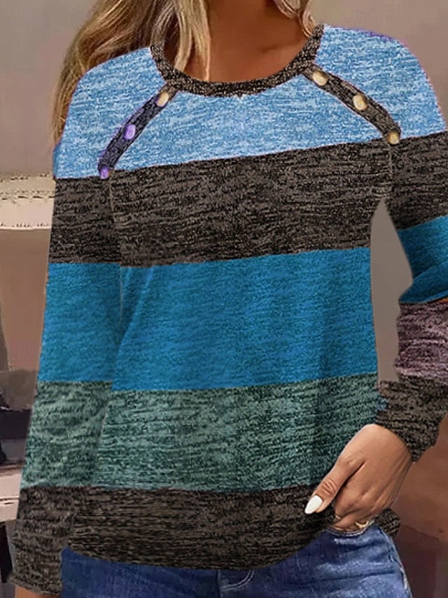 Women's T Shirt Tee Top Patchwork Buttons Striped Casual