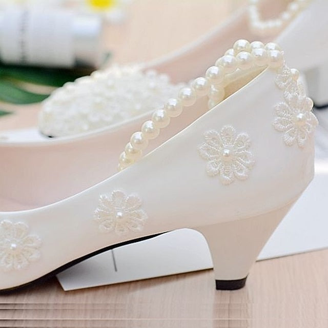 White Decorated Lace Pearl Floral Heels – Women's Wedding