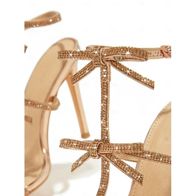Sparkly Bow – Strappy Gold Knot Stiletto Women's Sandals