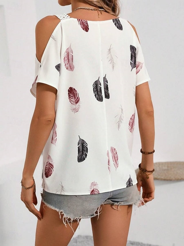 Women's Blouse Lace Print Feather Stylish Casual Short