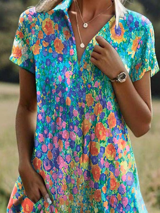 Women's Ditsy Floral Lapel Long Dress Maxi Dress Short