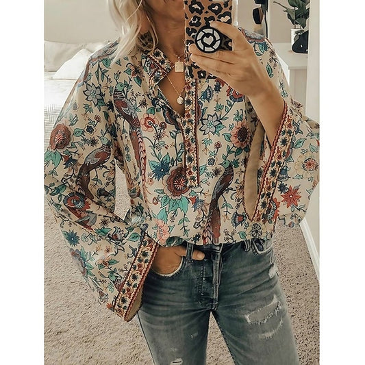 Women's Shirt Blouse Yellow Pink Dusty Rose Graphic Floral