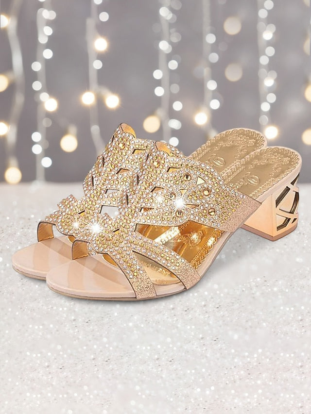 Rhinestone Embellished Heeled Gold and - Sandals Green