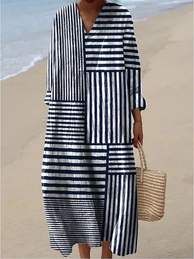 Women's Midi Dress V Neck Long Sleeve Kaftan Lightweight
