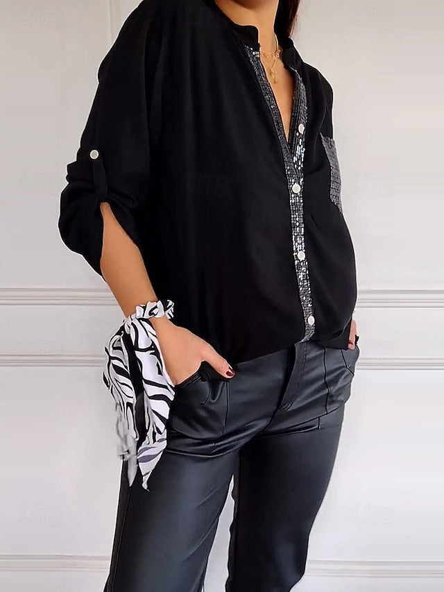 Women's Shirt Elegant Dressy Satin Top Sequins Patchwork