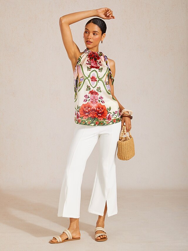 Hawaii Palm Silky Satin Floral Top