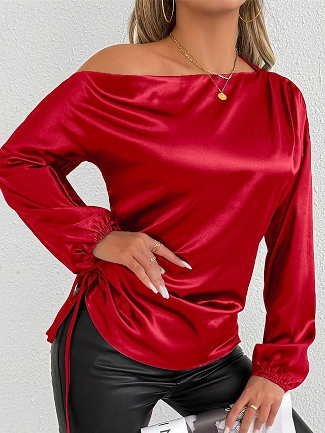 Women's Shirt Elegant Dressy Satin Top Asymmetric Solid
