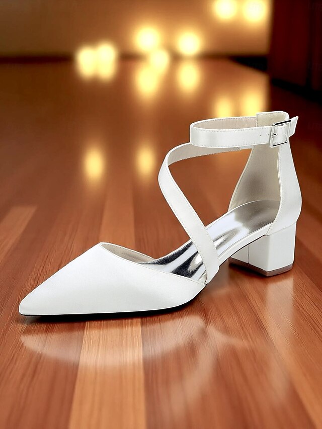 Women's Pointed Heels Toe Satin Block Champagne -