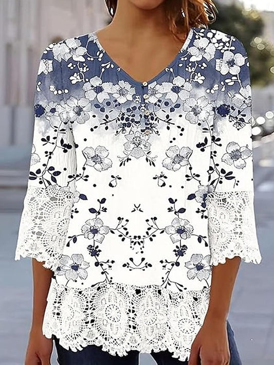 Women's Boho Shirt Tunic Lace Buttons Ombre Floral Stylish
