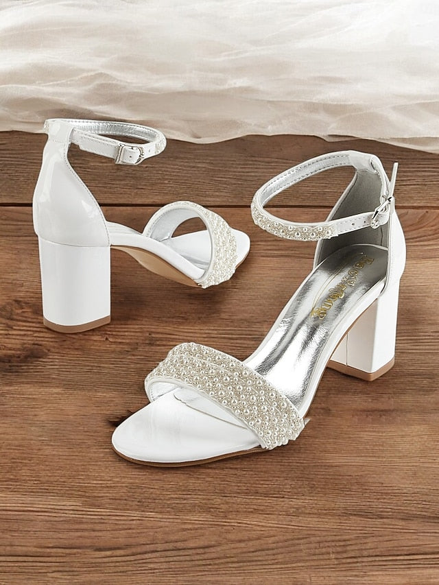 Ivory Strap Ankle Pearl-Embellished Heels for with Open-Toe