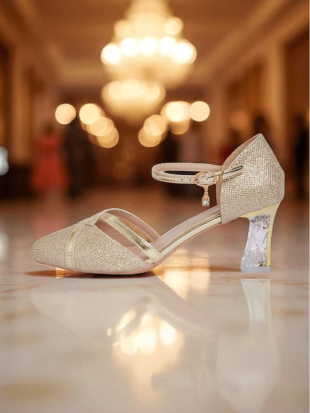 Strap Heel Women's Elegant - Ankle Glitter Pumps Block Gold