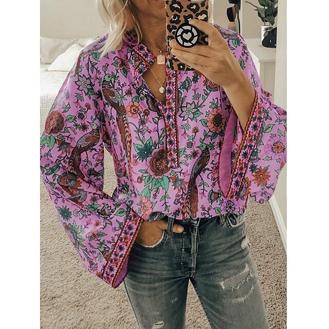 Women's Shirt Blouse Yellow Pink Dusty Rose Graphic Floral