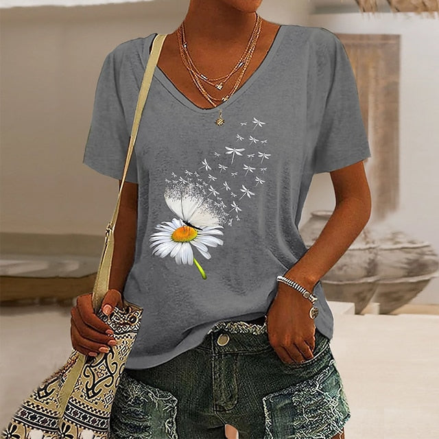 Women's T Shirt Butterfly Dandelion Basic Short Sleeve V