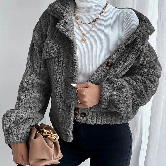 Warm Teddy Comfortable Coat Buttons Plain Casual Women's