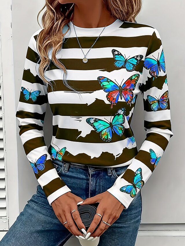 Women's T Shirt Print Graphic Butterfly Striped Vintage