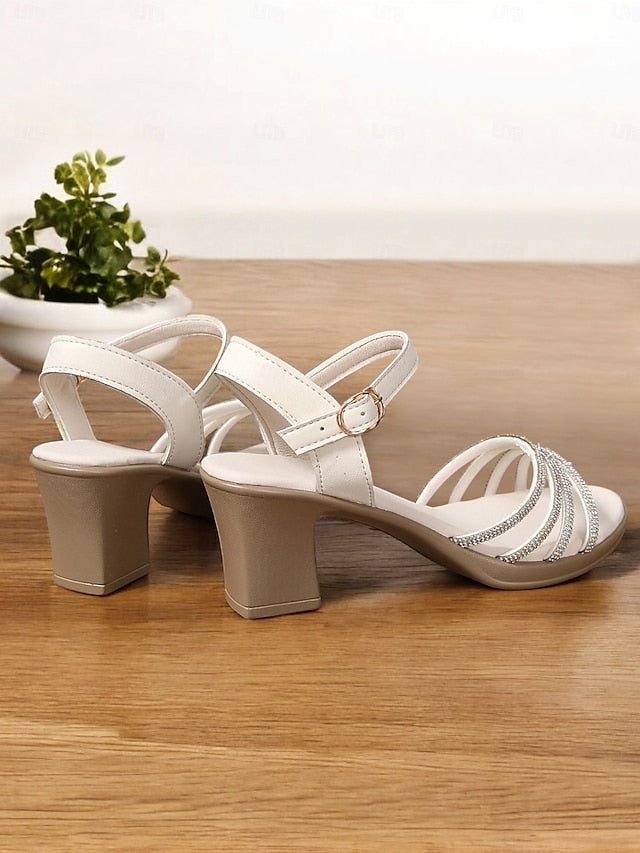 - Heel Sandals Block with Rhinestones Strappy Comfortable Black