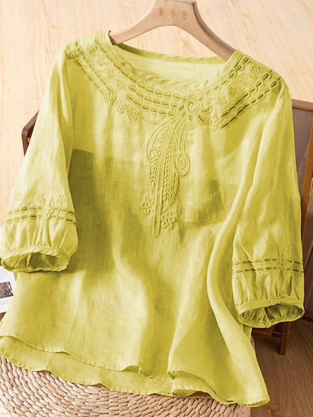Women's Shirt Cotton Blend Blouse Lace Patchwork Solid