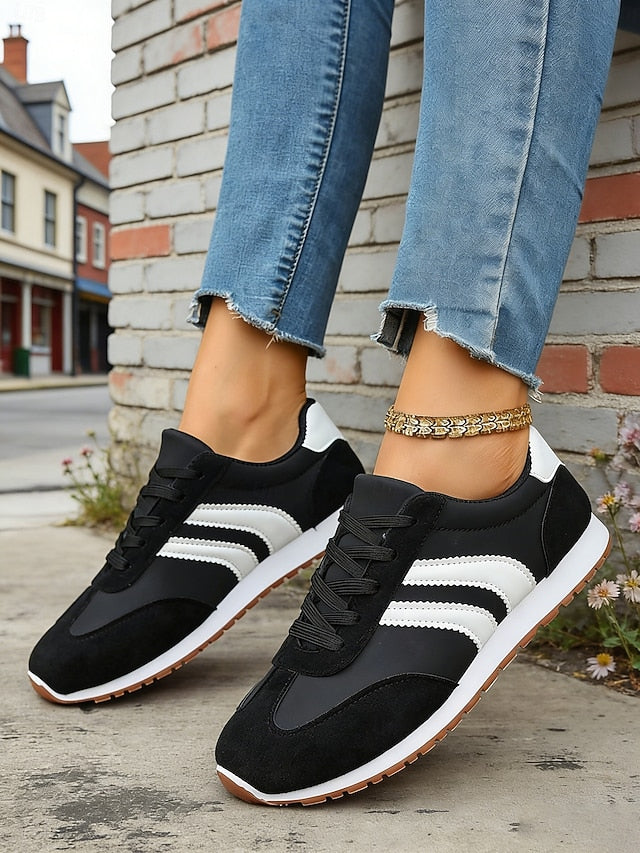 Women's Green Retro Stripe Sneakers – Breathable Low-Top