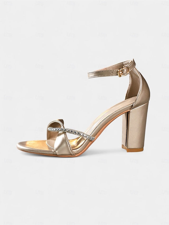Open-Toe Block Sandals - Women's Heel Gold Strap PU Ankle