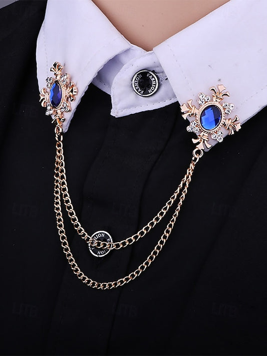 Double Collar Chain Elegant Gem Vintage Brooch Blue –