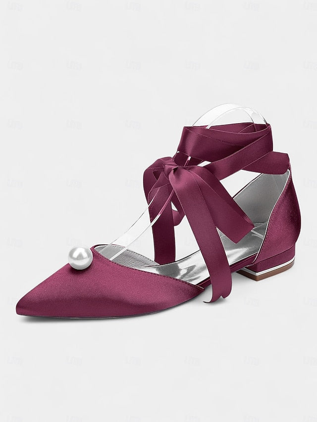 Pointed Toe Embellished Navy - Women's Pearl Satin Flats